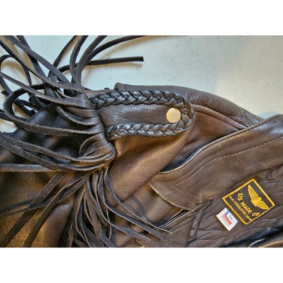 VINTAGE U.S. MADE Co. Black Leather Fringe Motorcycle Jacket Coat Men's XXL - Picture 12 of 16